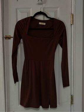 Long Sleeve Square Neck Brown Dress